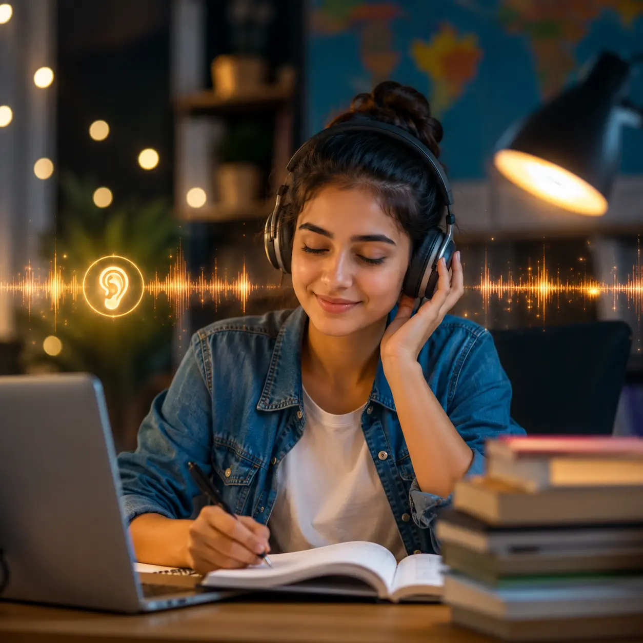 Student wearing headphones listening to audio